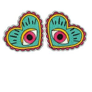Set of 2 Embroidered Evil Eye Heart Shaped Iron On Patch Boho Green Pink Yellow